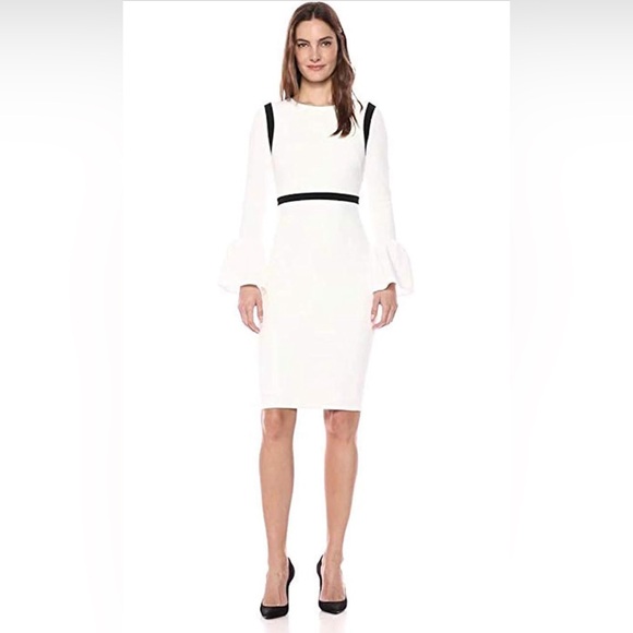 NEW Calvin Klein Cream White Bell Sleeve Sheath Dress with Black Piping - Picture 2 of 11